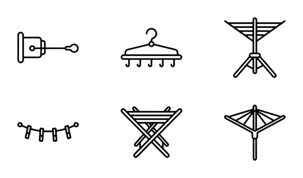 Laundry Drying Racks, Clotheslines, Hangers, Pegs Icons: Household Utility Vector Set