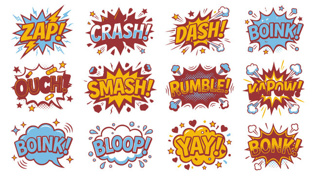 Retro comic book speech bubbles set with zap crash smash.