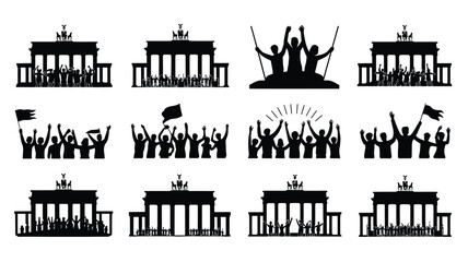 Brandenburg gate silhouette set with celebrating crowds and german flags for unity events. © Antu