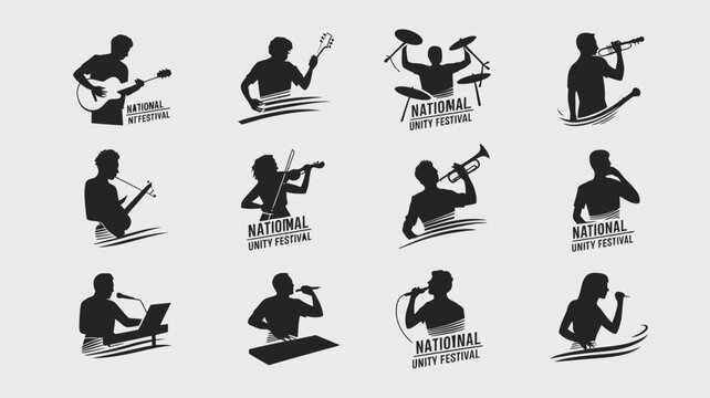 Collection of musicians performing on instruments at national unity festival event icons.