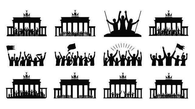 Brandenburg gate silhouette set with celebrating crowds and german flags for unity events.