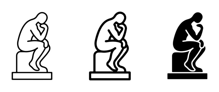 The Thinker Sculpture Icons, Contemplation Silhouette, Philosophical Pondering Vector Art