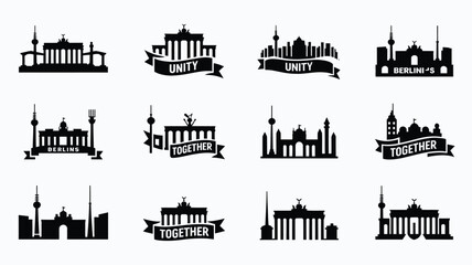 Berlin skyline silhouettes featuring brandenburg gate and tv tower for city identity design. © Antu