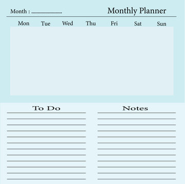 Monthly planner template with weekly schedule blank space to do list and notes sections