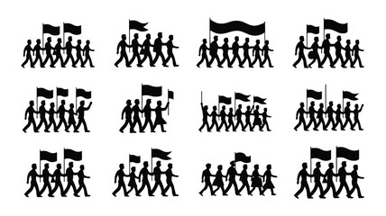 Obraz premium People with flags vector illustration on white background, group of people marching together.