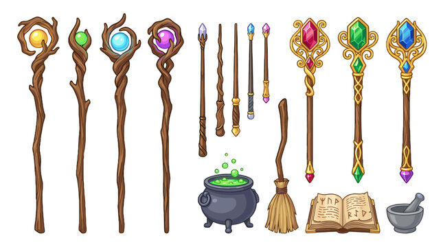 Fantasy magic staffs, wands, potion cauldron and spellbook set