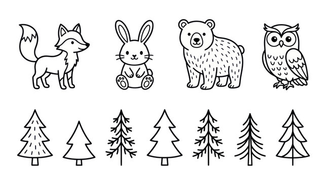 Cute Forest Animals and Trees Line Art Vector Illustration