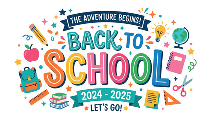 Back to School Celebration: A vibrant and colorful illustration depicting the excitement of returning to school, with playful elements like school supplies and celebratory graphics. © hafeza