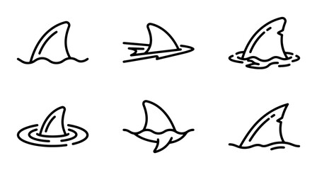 Fototapeta premium Shark Fin Icons, Ocean Danger Symbols, Marine Predator Vector Set, Aquatic Threat Graphics