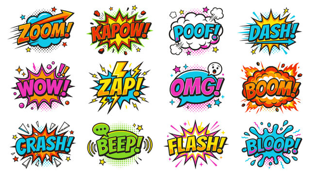 Pop art style comic bubble onomatopoeia words collection.