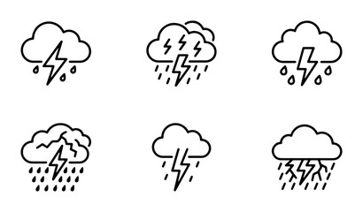 Obraz premium Thunderstorm Icons, Lightning Cloud Vector Set, Rainstorm Weather Symbols, Stormy Sky Graphics