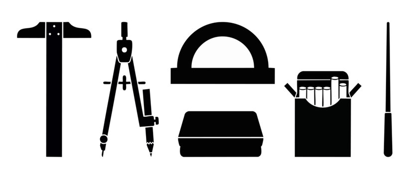 Drafting tools silhouette icon set featuring a T-square ruler, drawing compass, protractor, chalkboard eraser, box of chalk, and pointer stick isolated on white for education and design concepts.