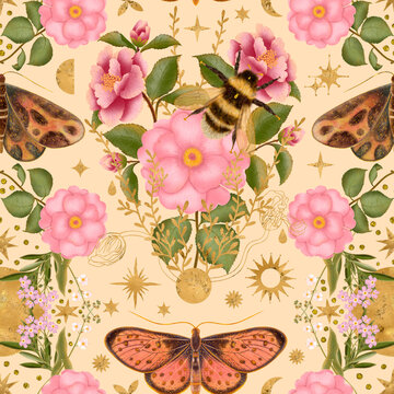 Mystical celestial botanical seamless pattern with pink camellias, vintage moths, sun symbols, and golden stars on a warm beige background. Enchanted witchy cottagecore texture.