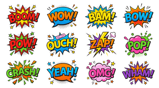 Pop art style comic sound effect bubbles collection.