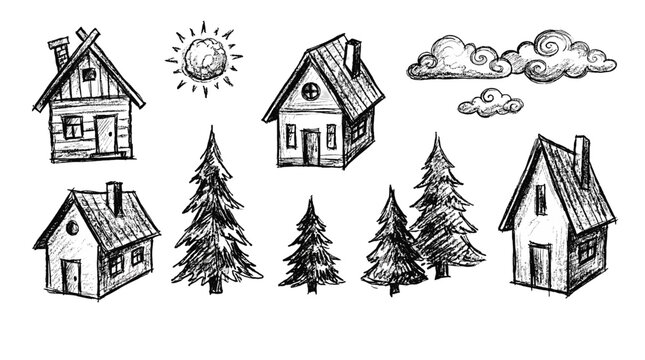 Hand drawn sketch set of houses, fir trees, sun and clouds
