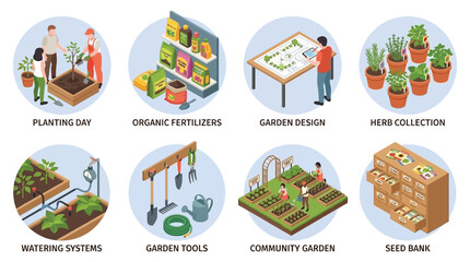 Naklejka premium Isometric gardening scenes with people tools and plants in vector style