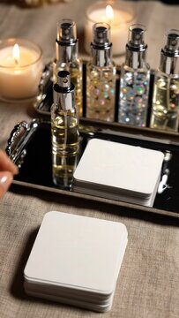 Female hand selecting fragrance testing cards from a tray with perfume bottles and candles, creating a serene atmosphere in a stylish indoor setting