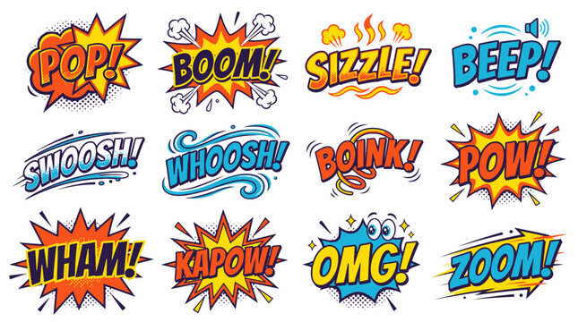 Retro comic book boom and swoosh sound effect set.