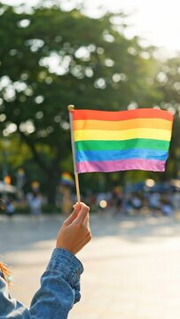 Hand holding a rainbow flag with vibrant colors waving in the sunlight, surrounded by a blurred outdoor setting with trees and people in the background