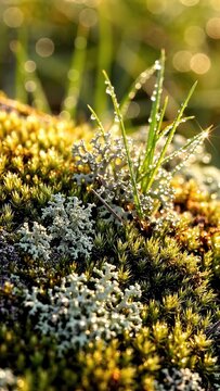 Close-up of vibrant green grass and lichen on mossy ground with dew drops sparkling in sunlight, showcasing the beauty of nature in a serene outdoor setting