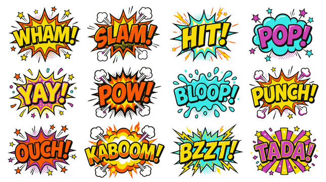 Vibrant multi-colored comic sound effect sticker set.
