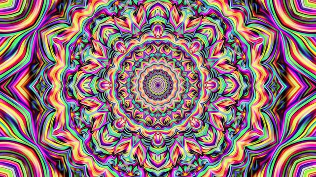 Abstract colorful seamless pattern with circular mandala fractal design, psychedelic geometric ornament illustration with kaleidoscope illusion wallpaper texture in vibrant green purple orange blue to