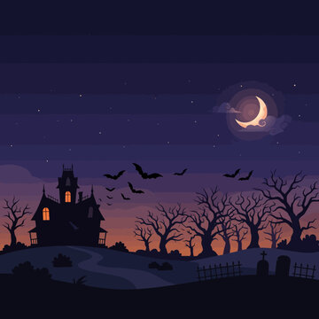 Nighttime crescent moon over haunted church silhouette with bats.