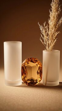 Elegant amber gemstone positioned between two frosted glass vases containing dried grass, set against a warm brown background, highlighting the intricate details of the objects