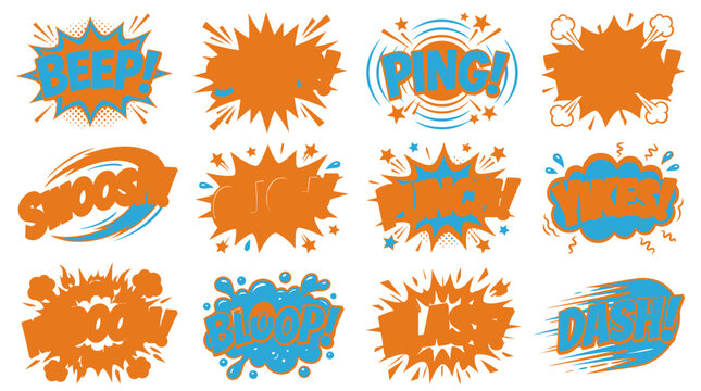 Orange and blue comic sound effect burst icons.