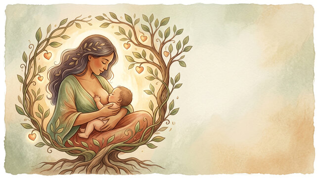 Symbolic illustration of black mother breastfeeding as natural nourishment and life connection, warm and timeless maternal concept, World Breastfeeding Day