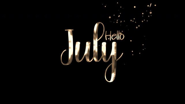 Beautiful gold glittery hello july text on a black background with bright sparkling star dust, perfect for greeting cards or social media posts.