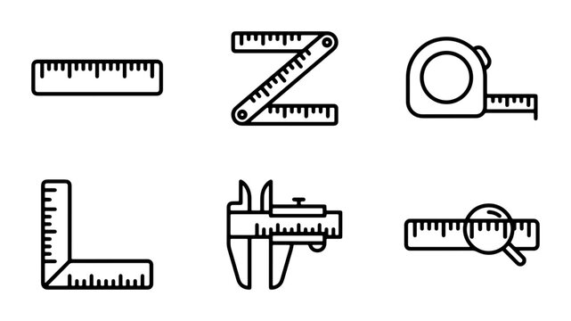 Measuring Tools Icons Set: Ruler, Tape Measure, Caliper, Folding Ruler, Magnifier Ruler