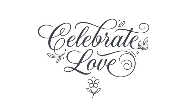 Celebration, love, floral, typography, vector, black, elegant, romantic, decorative phrase, swirly design