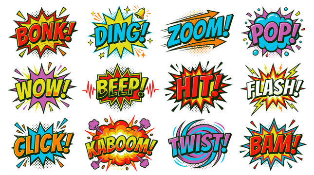 Retro comic book explosion and sound effect bubbles.