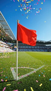 Red corner flag stands prominently on the soccer field surrounded by colorful confetti, with a bright blue sky and stadium seating visible in the background