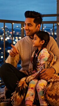 South Asian man and girl wrapped in a blanket share a cozy moment on a balcony, city lights twinkling in the background during the evening