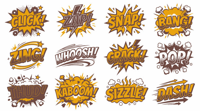 Orange and brown vintage comic book explosion word bubbles.