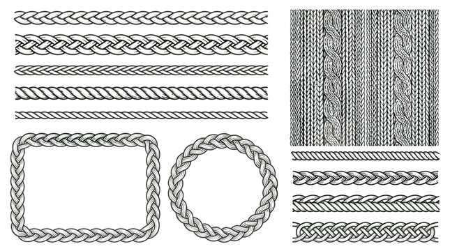 Hand drawn braided rope borders and knitted pattern set
