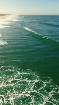 Ocean waves rolling onto sandy beach, showcasing the dynamic movement of water and foam in a coastal landscape under clear blue skies