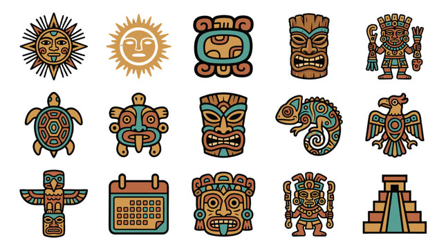 Ancient Mesoamerican style icon set with sun masks animals and temple