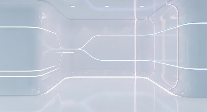 Futuristic white room with glowing lines, a minimalist and modern architectural interior design, creating a clean and high-tech empty space.