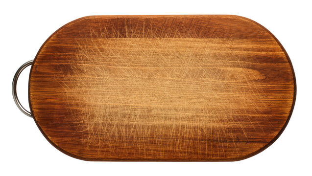 Oval wooden cutting board with metal handle and visible knife marks