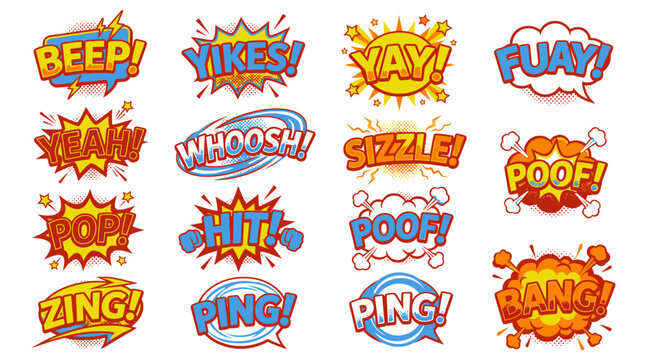 Orange and red comic sound effect word stickers.