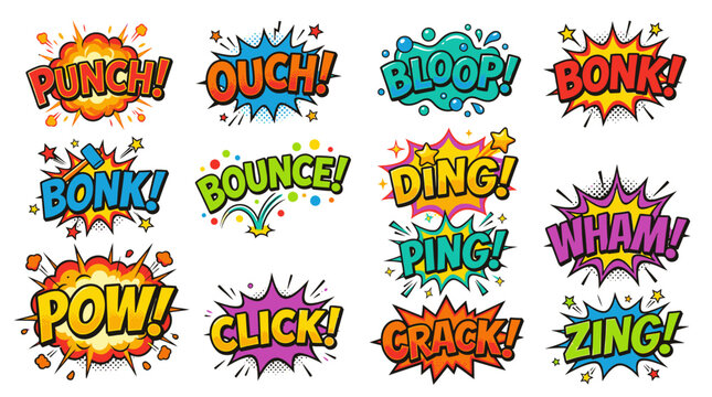 Vibrant onomatopoeia word set for comic and pop art.