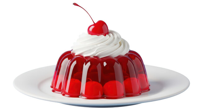 A red jelly dessert with whipped cream and a cherry on top isolated on transparent background