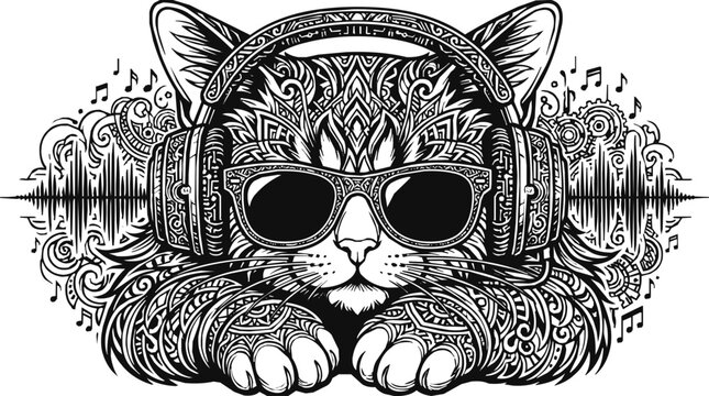 Intricate mandala cat wearing headphones and sunglasses listening to music with stylized sound waves and notes in a zentangle line art style.