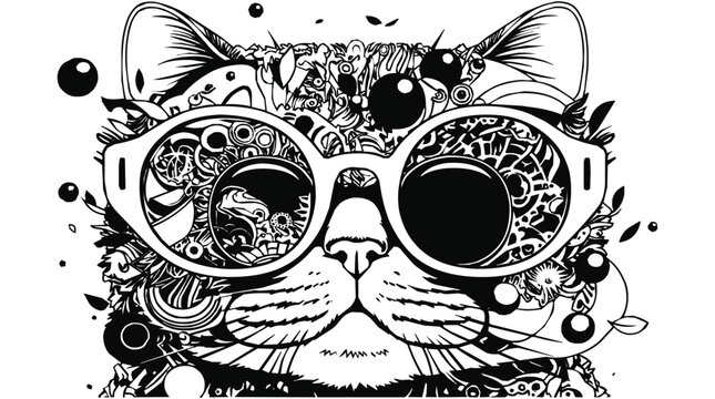 Funky Cat Wearing Sunglasses and Pet Eyewear in a Detailed Doodle Illustration for Artistic Animal Fashion Themes