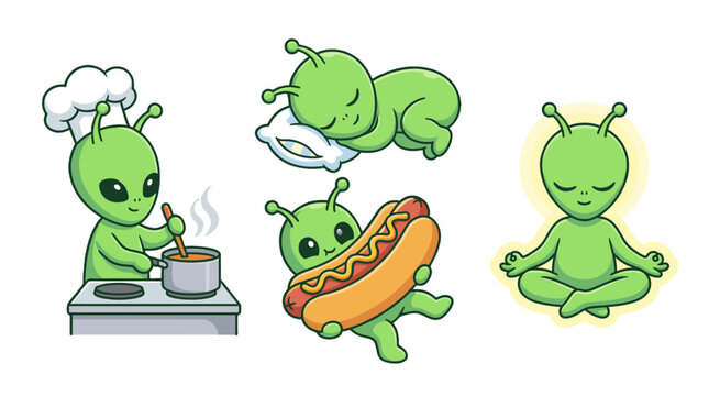 Cute green alien character set with cooking, sleeping, eating and meditating