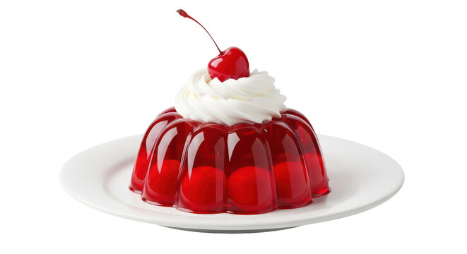 A red jelly dessert with whipped cream and a cherry on top isolated on transparent background