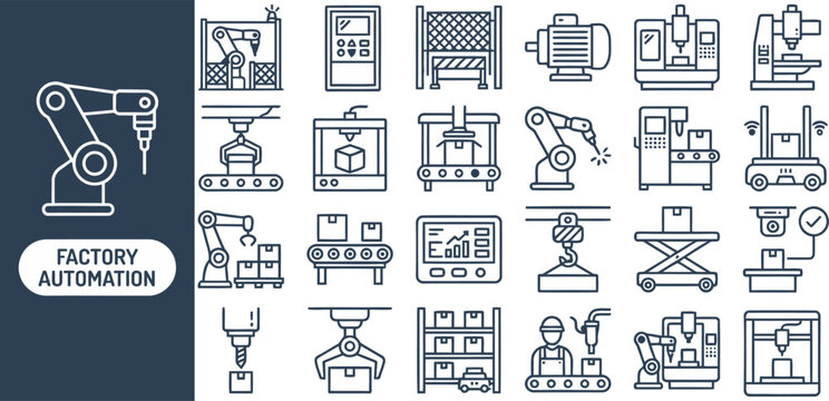 Heavy Machinery and Plant Operation outline icon set. Featuring forklift, crane, gauge, valve, and steel beam symbols. Editable stroke vector icons for warehouse logistics app.